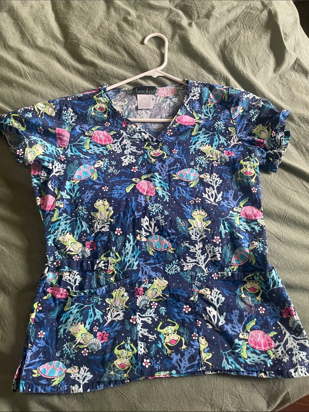 Cherokee Navy Top with Pink & Lime Turtle and Frog Print